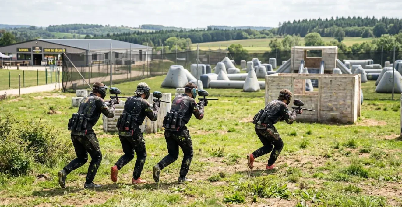 Quatre joueurs en tenue paintball progressent côte à côte sur un terrain extérieur, vus de dos en mouvement dynamique sous lumière naturelle