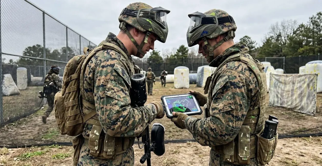 Deux joueurs équipés de masques et marqueurs paintball se concertent en bordure de terrain, vus de profil dans un environnement naturel lumineux