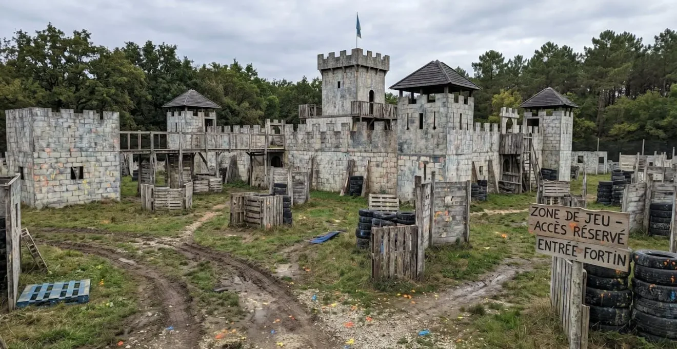 Vue en plongée d'un terrain de paintball avec fortifications en pierre et palissades en bois, environnement extérieur lumineux sans joueurs visibles